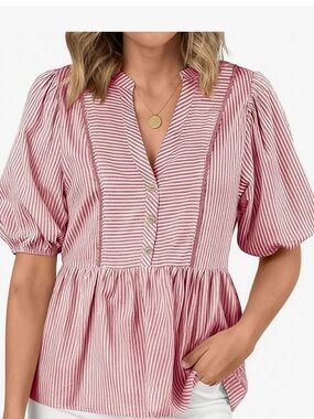 Striped Pink Puff-Sleeve Peplum Blouse
